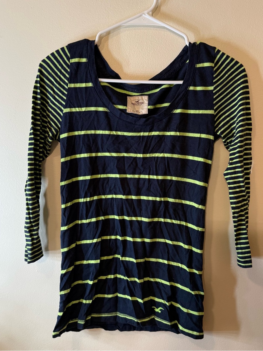 Hollister Navy & Lime Green Striped Long Sleeve Tee